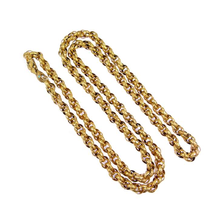 19th century gold muff chain necklace with a gold hand clasp